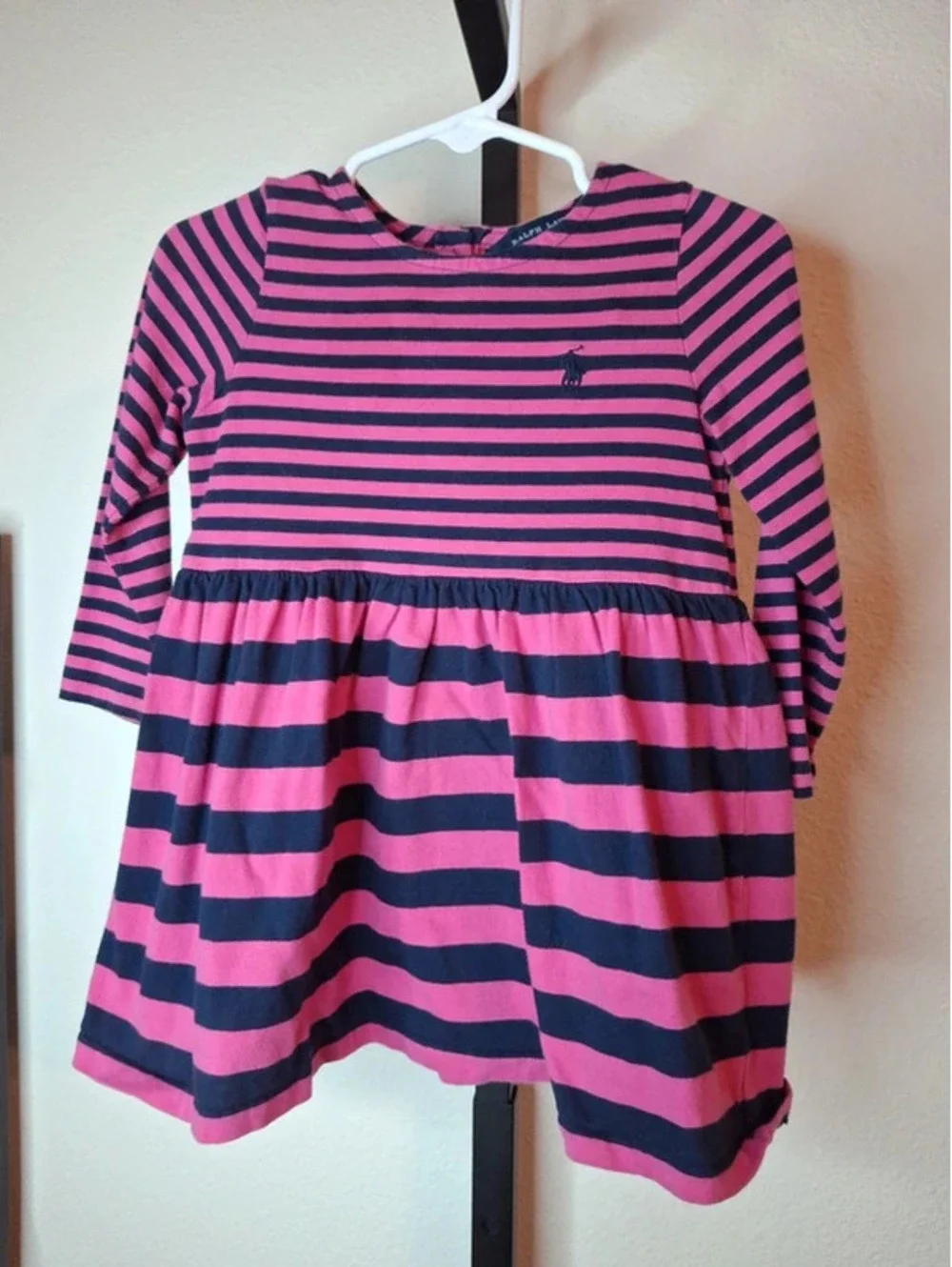 Ralph Lauren pink and navy blue striped long-sleeve cotton knit dress size 18M